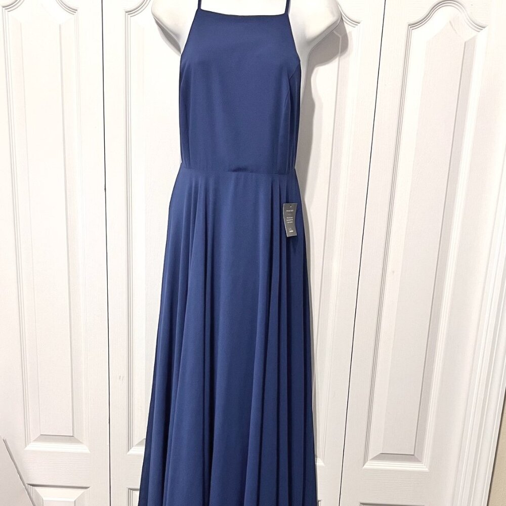Lulus Formal Maxi Dress-NWT-Blue-Adjust. Crisscross Strap back-Sz. Med.-Lined - Picture 1 of 16